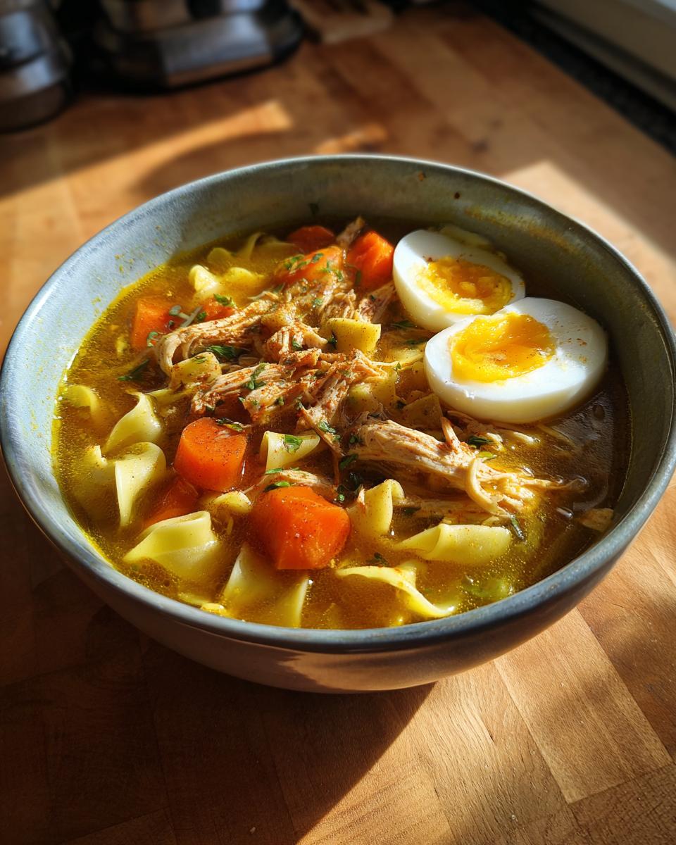 A bowl of Turkey Noodle Soup with egg, carrots, and noodles.