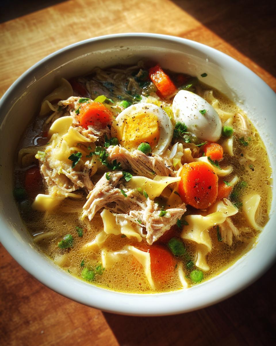 Close-up of a bowl of Turkey Noodle Soup with egg, carrots, peas, and noodles.