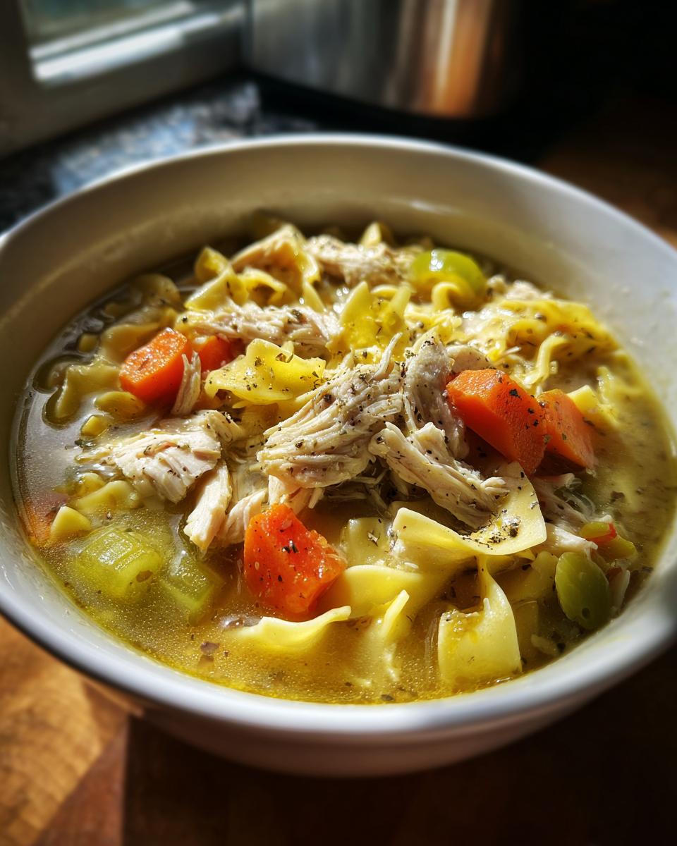Close-up of a bowl of Turkey Noodle Soup with carrots, celery, and shredded turkey.