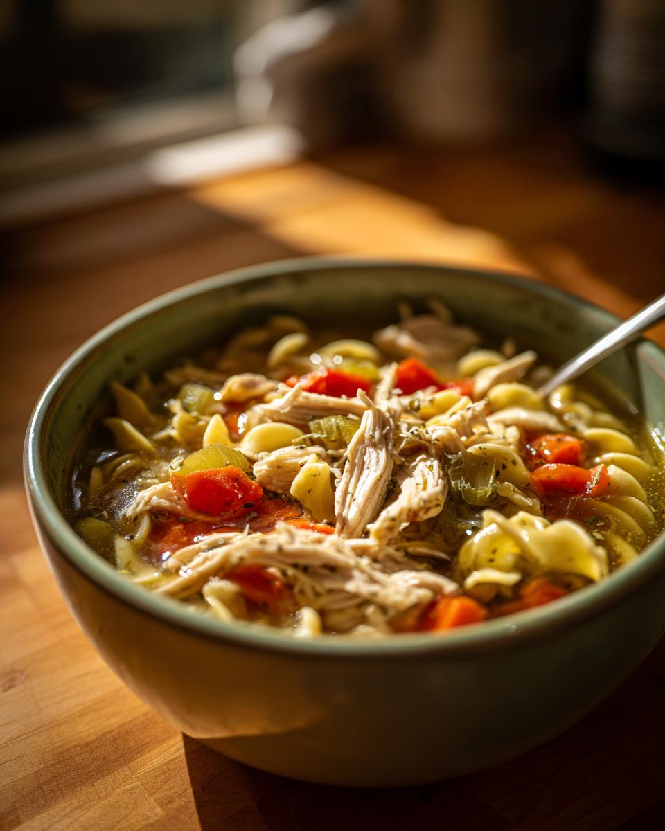 Close-up of a bowl of Turkey Noodle Soup with noodles, vegetables, and shredded turkey.