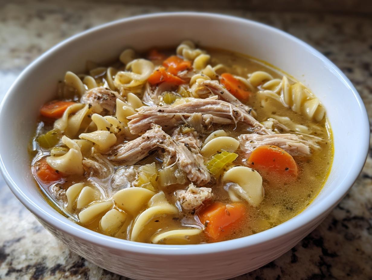 Close-up of a bowl of delicious Turkey Noodle Soup with noodles, carrots, and turkey.