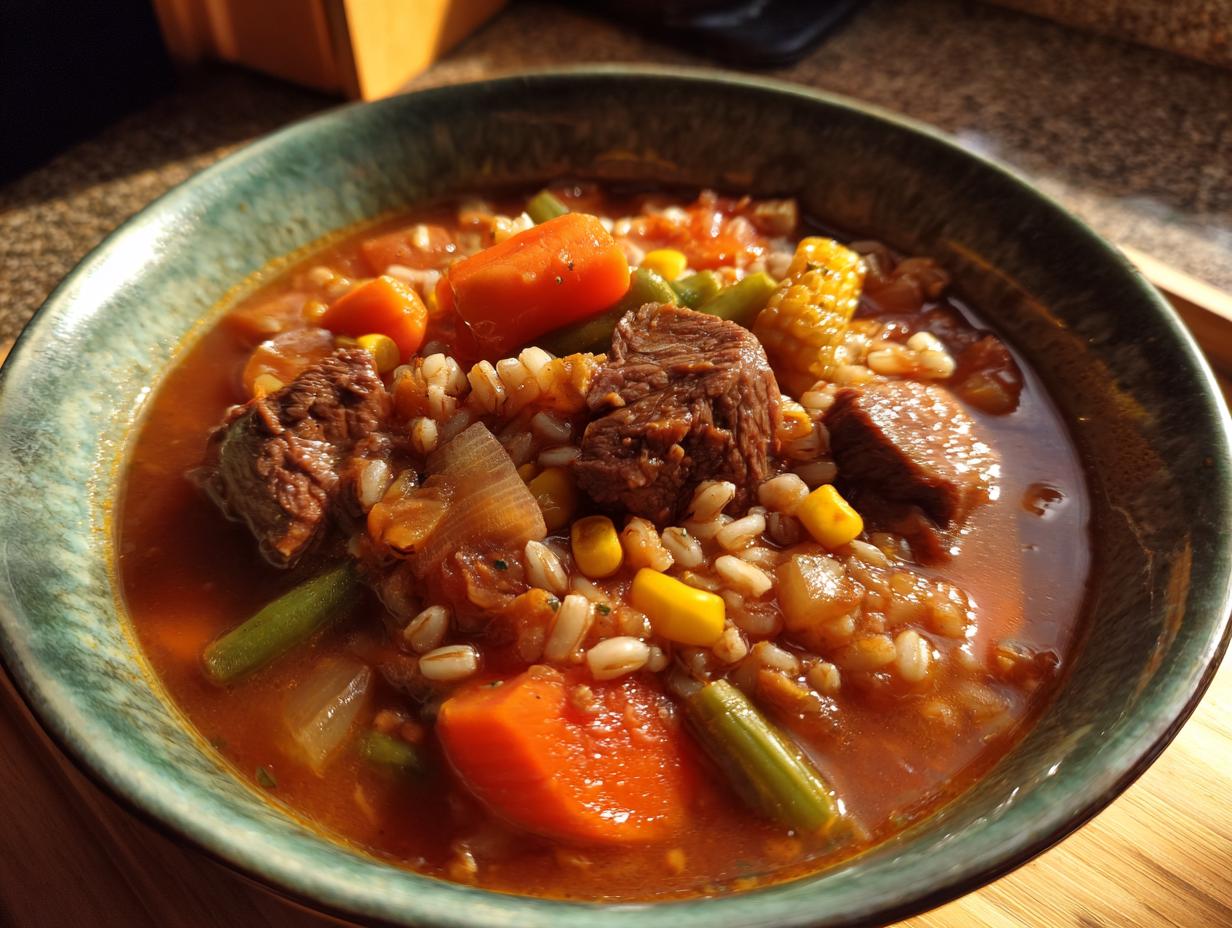 Close-up of a bowl of Vegetable Beef Barley Soup with beef chunks, barley, and vegetables.