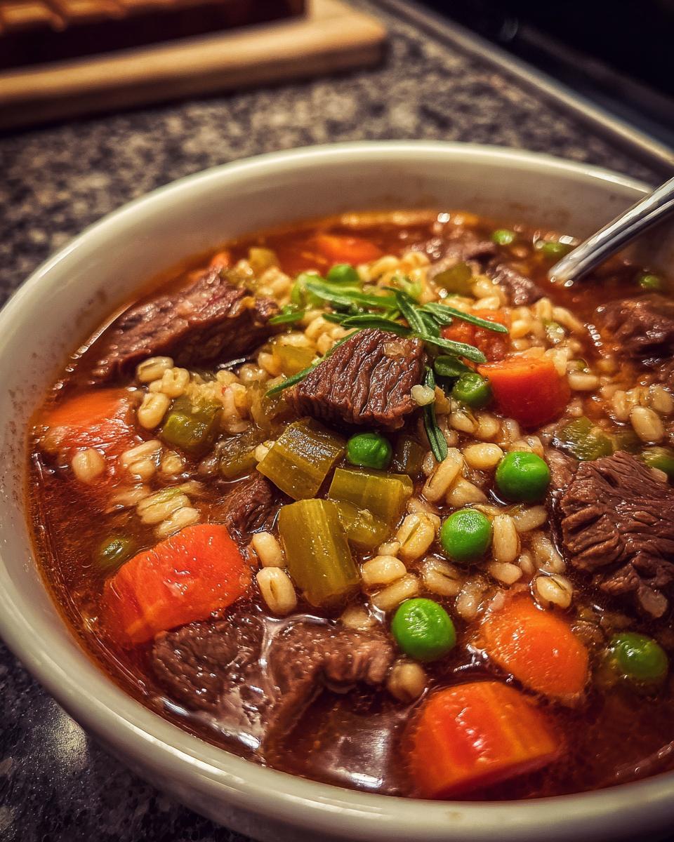 Close-up of a bowl of Vegetable Beef Barley Soup with beef, barley, carrots, peas, and celery.