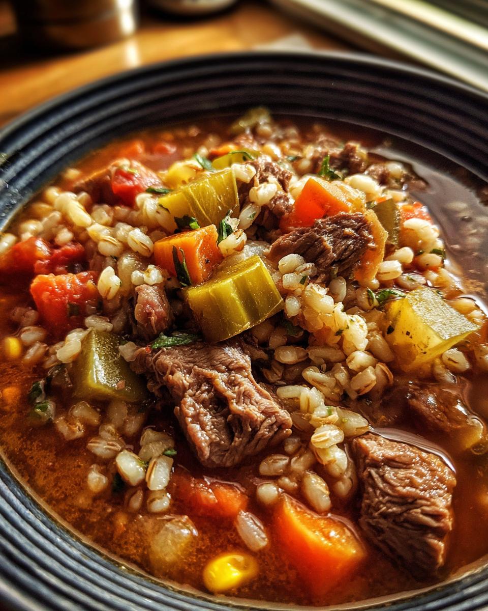Close-up of a bowl of Vegetable Beef Barley Soup with barley, beef, and vegetables.