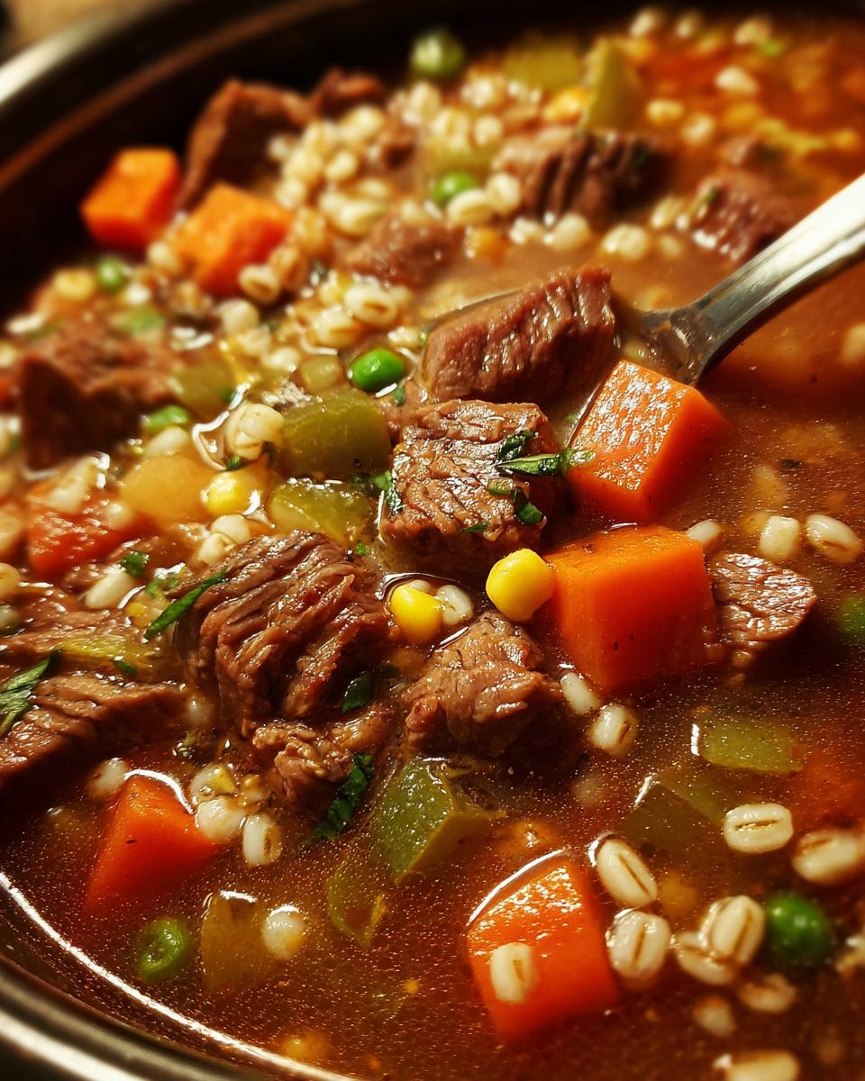 Close-up of a bowl of Vegetable Beef Barley Soup with beef, barley, and vegetables.