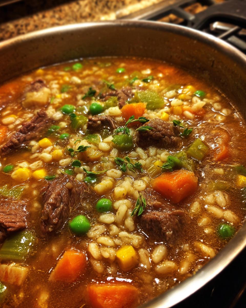 Close-up of a pot of Vegetable Beef Barley Soup with barley, beef, and vegetables.