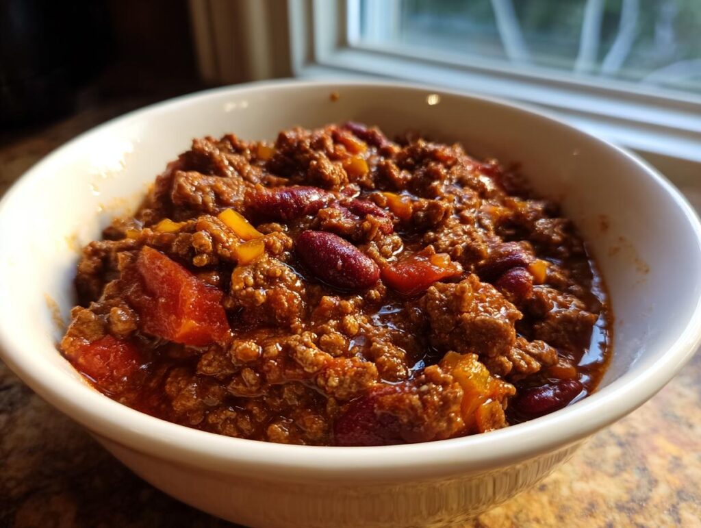 Close-up of a bowl of delicious venison chili, with beans and vegetables.