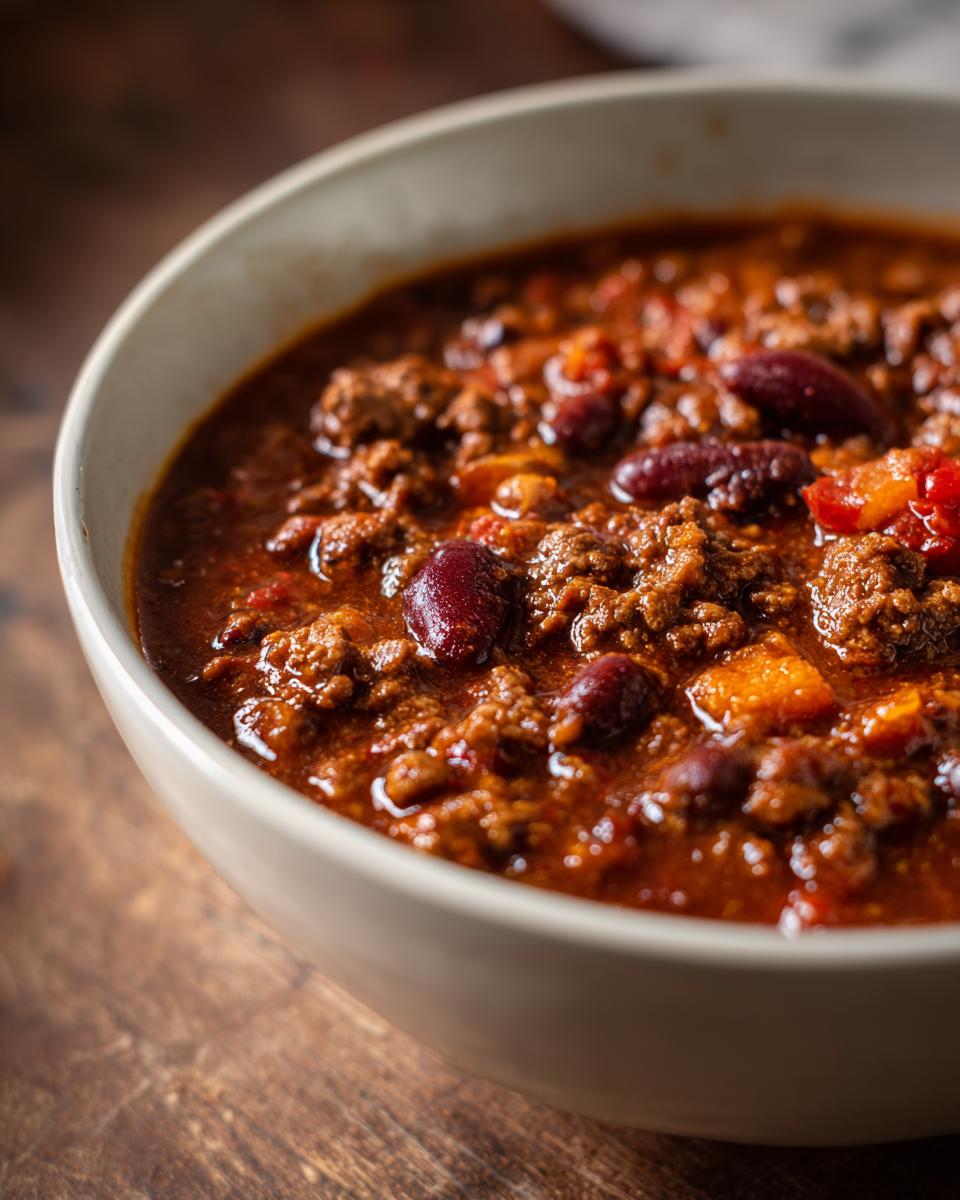 Close-up of a bowl of delicious venison chili with kidney beans and ground meat.