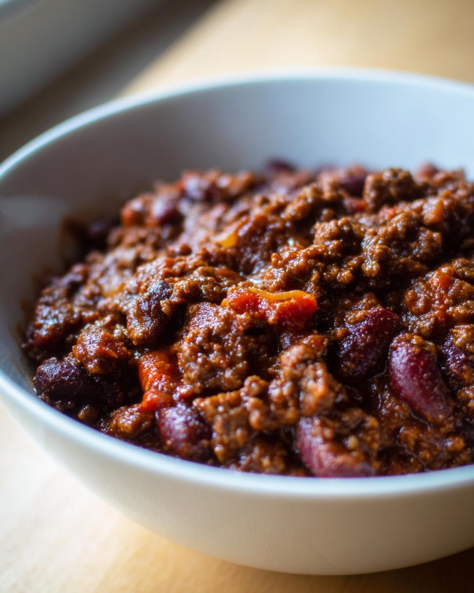 Close-up of a bowl of delicious venison chili, showing beans and ground meat.