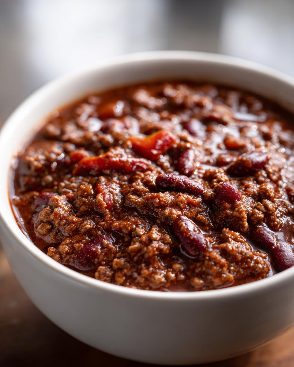Close-up of a bowl of delicious venison chili with kidney beans and ground meat.