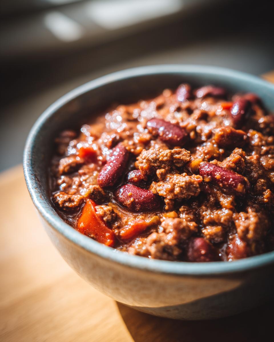 Close-up of a bowl of delicious venison chili with kidney beans and ground meat.