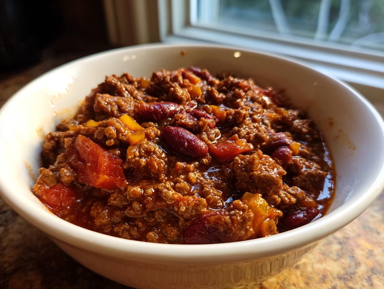 Close-up of a bowl of delicious venison chili, with beans and vegetables.