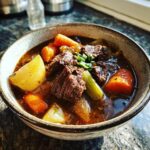 Close-up of a bowl of delicious venison stew with carrots, potatoes, and meat.