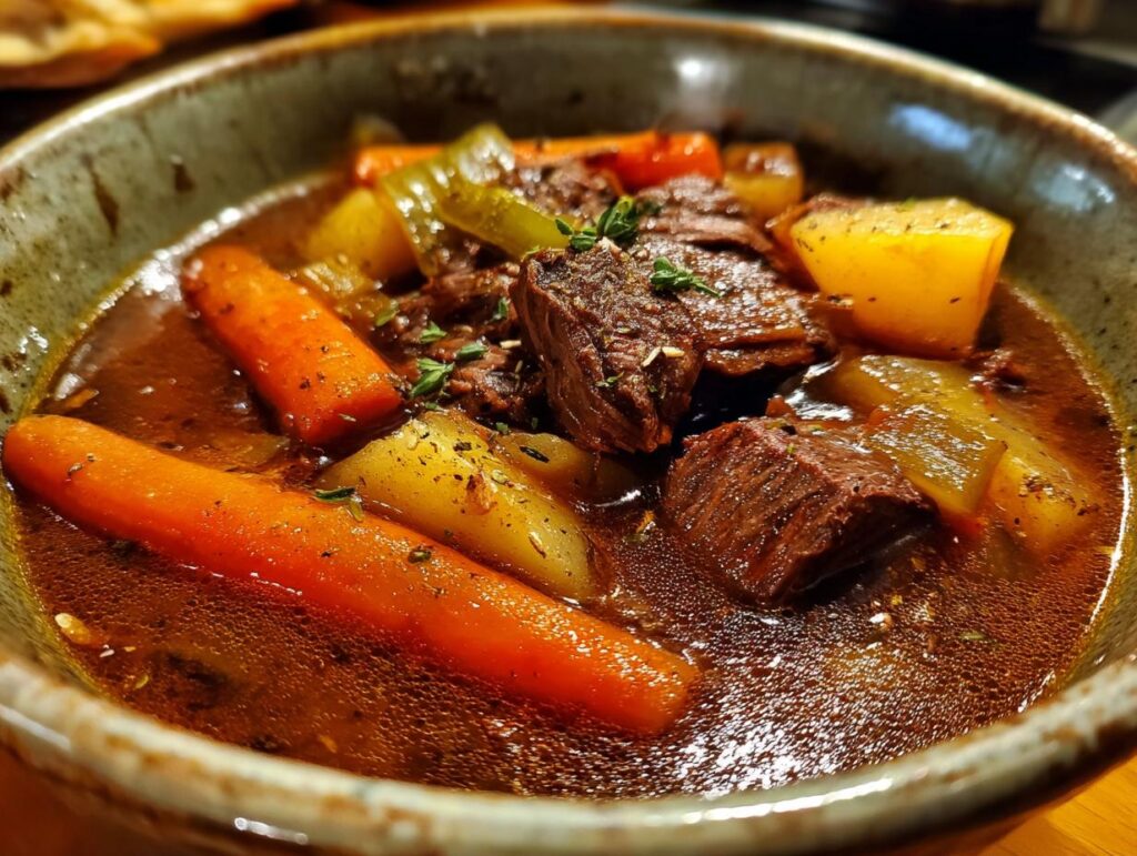 Close-up of a bowl of delicious Venison Stew with carrots, potatoes, and meat.