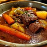 Close-up of a bowl of delicious Venison Stew with carrots, potatoes, and meat.