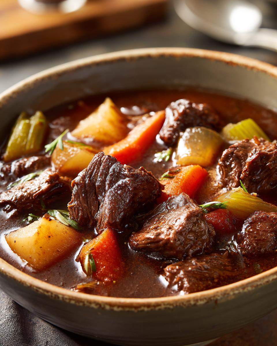 Close-up of a bowl of delicious venison stew with chunks of meat and vegetables.