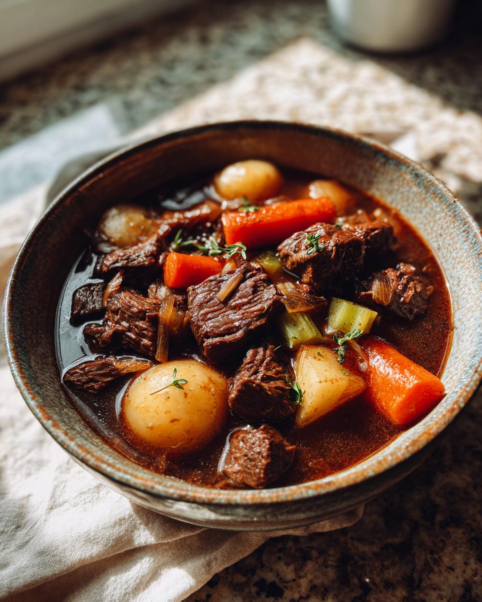 Hearty Venison Stew: 1 Amazing Comfort Meal 4 Close-up of a bowl of delicious venison stew with carrots, potatoes, and meat.