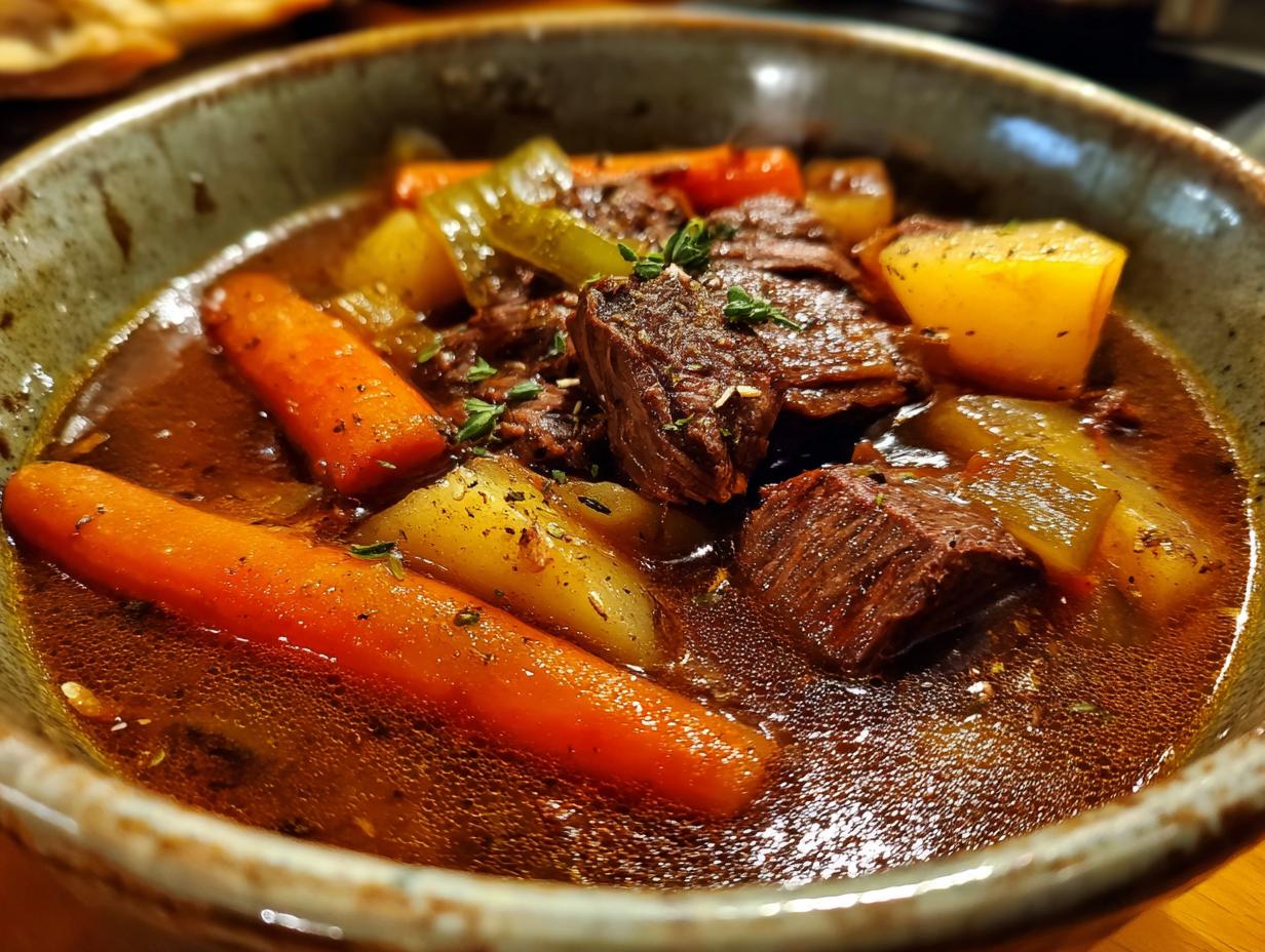 Close-up of a bowl of delicious Venison Stew with carrots, potatoes, and meat.