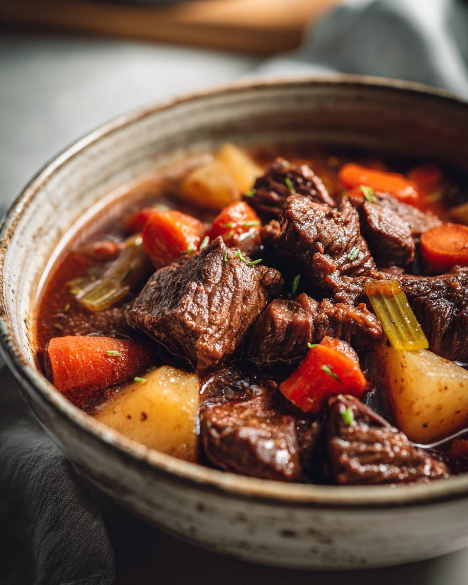 Hearty Venison Stew: 1 Amazing Comfort Meal 3 Close-up of a bowl filled with delicious venison stew, featuring chunks of meat, carrots, and potatoes.