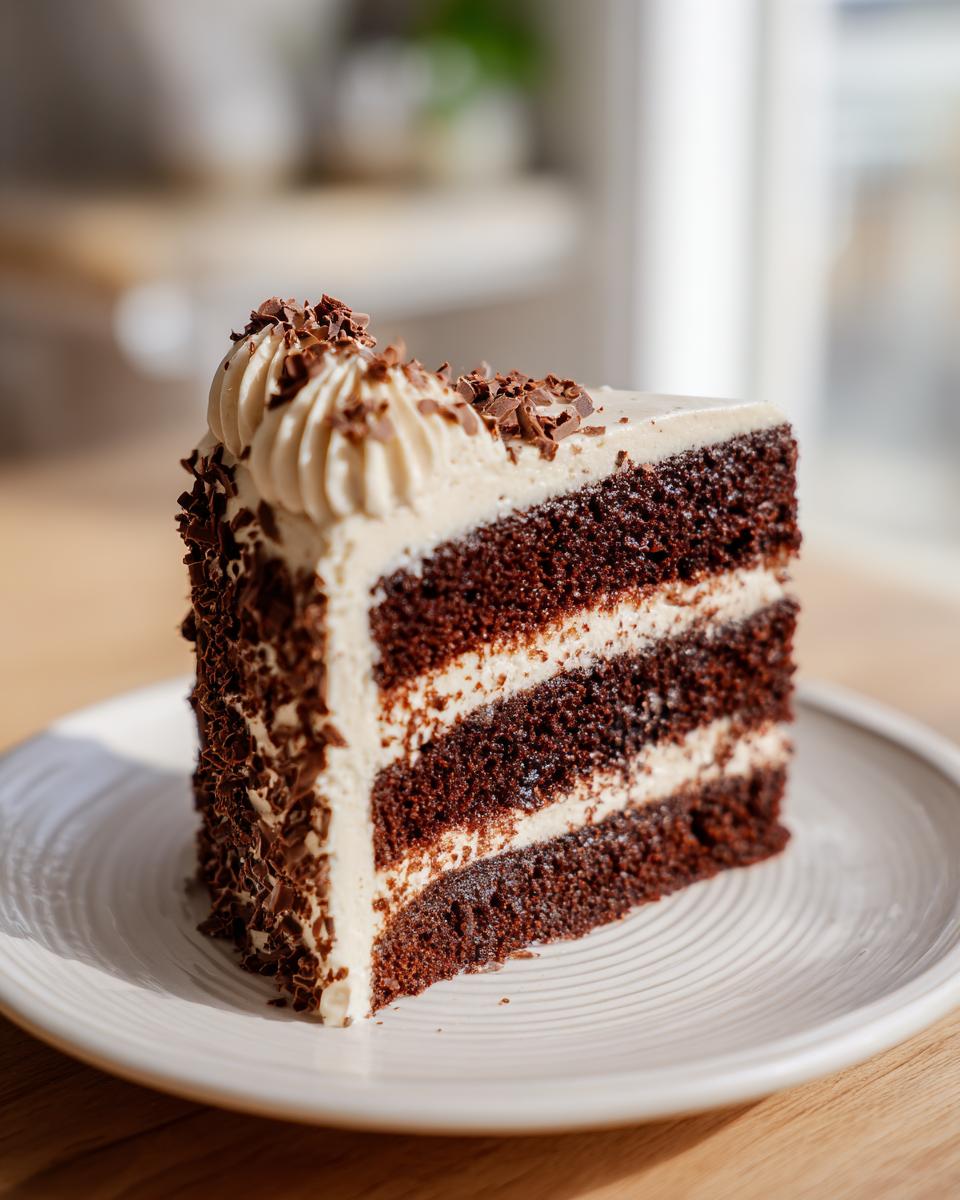 A slice of delicious Baileys Buttercream Frosted Cake on a white plate, showing layers and frosting.