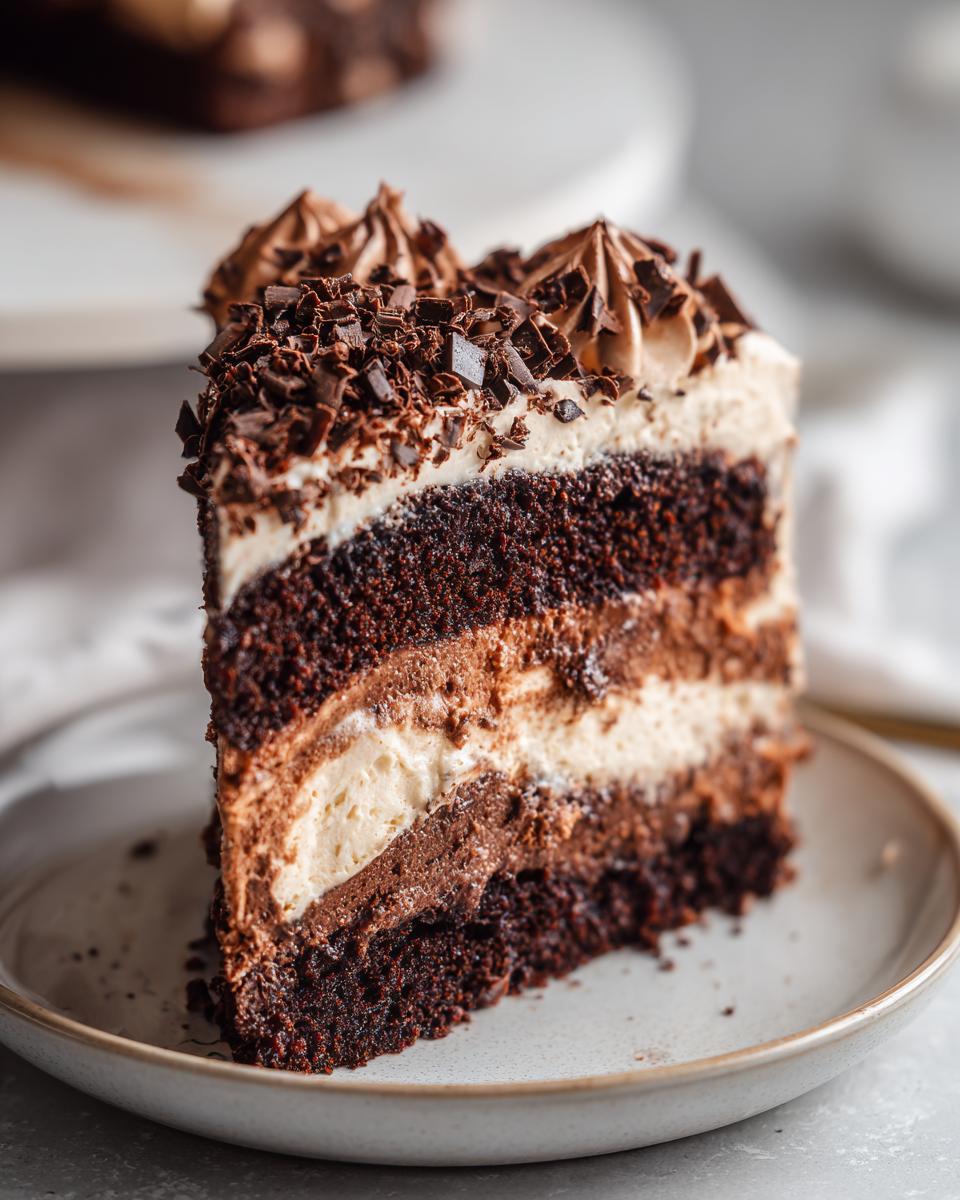 Close-up of a slice of Baileys Buttercream Frosted Cake, showing layers of cake and frosting.