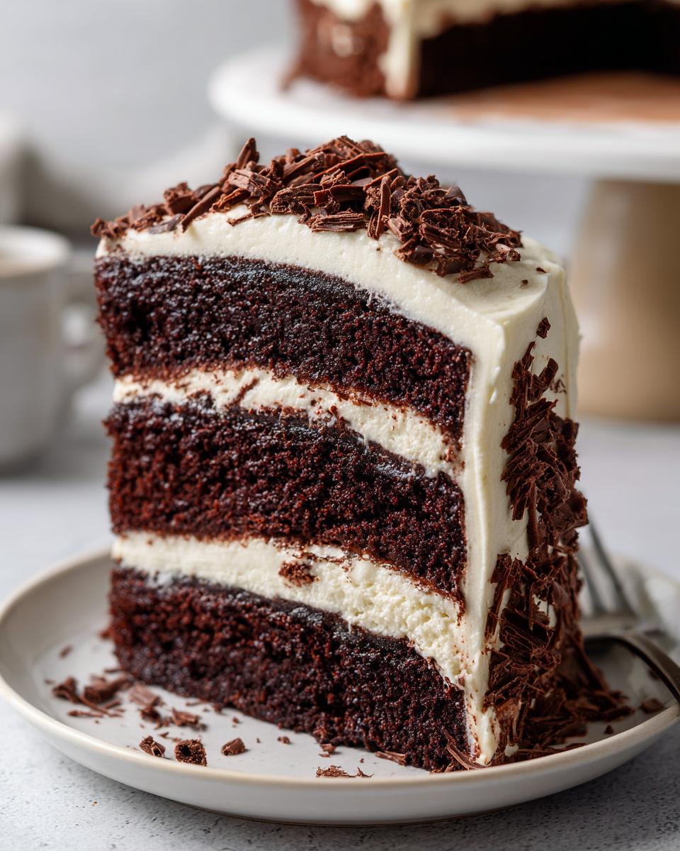 Close-up of a slice of Baileys Buttercream Frosted Cake, showing layers and chocolate shavings.
