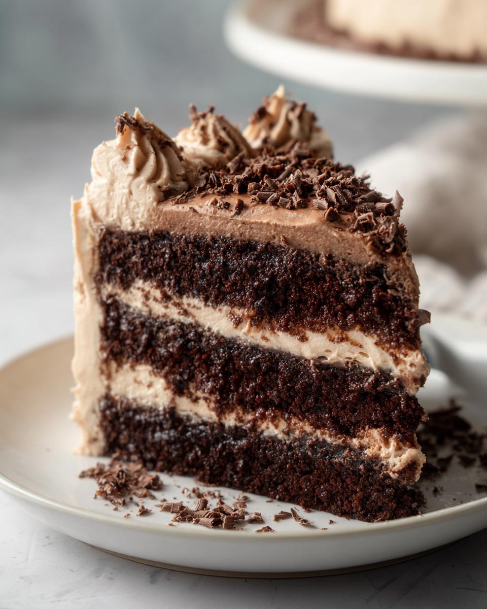 A slice of Baileys Buttercream Frosted Cake with chocolate shavings on a white plate.