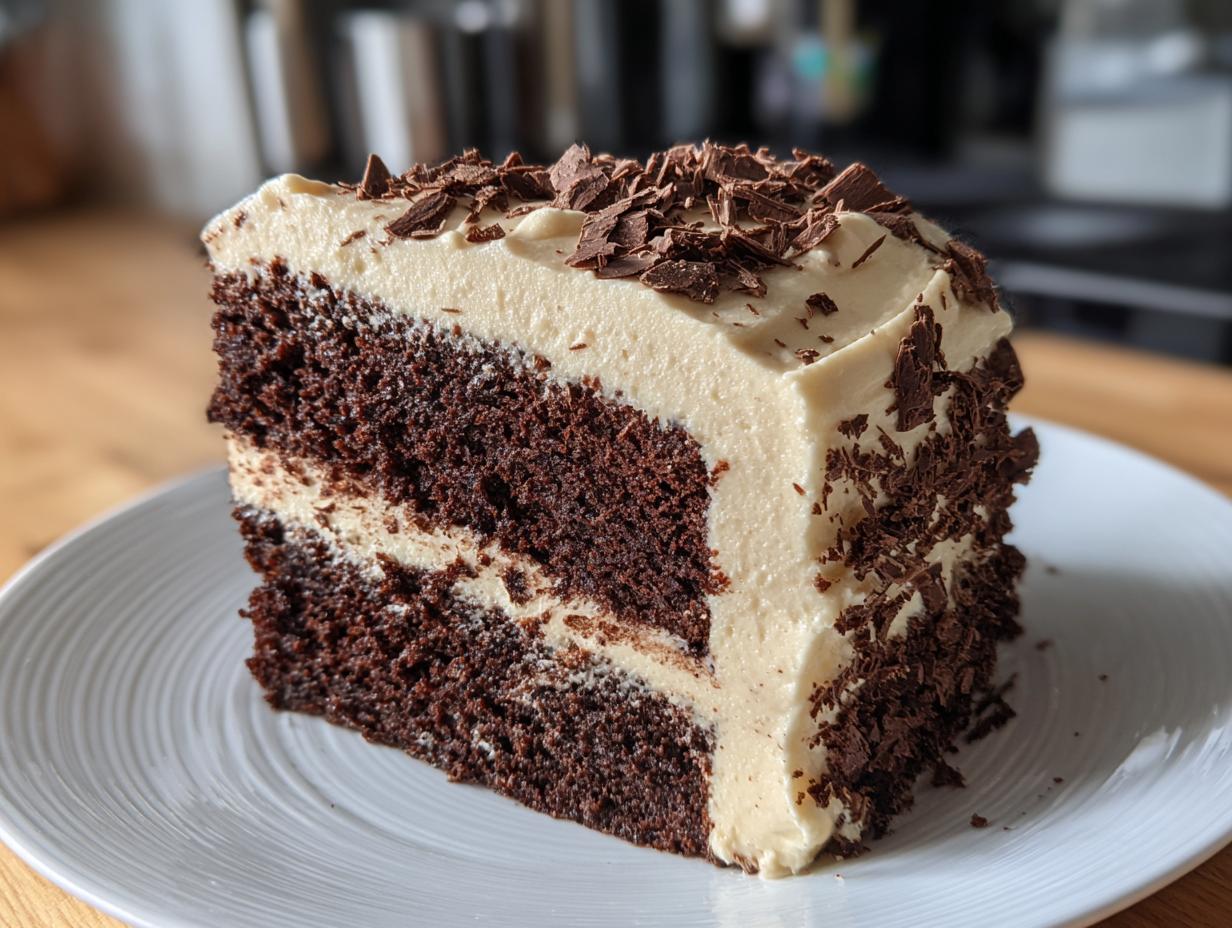 A slice of delicious Baileys Buttercream Frosted Cake on a white plate, topped with chocolate shavings.