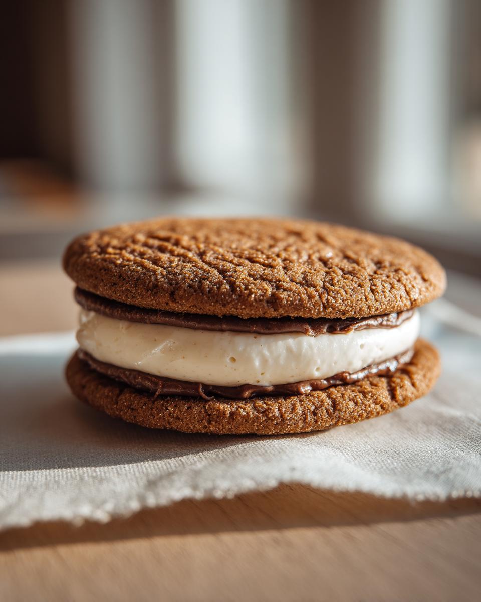 Close-up of a Baileys Irish Cream Sandwich Cookie with cream filling and chocolate.