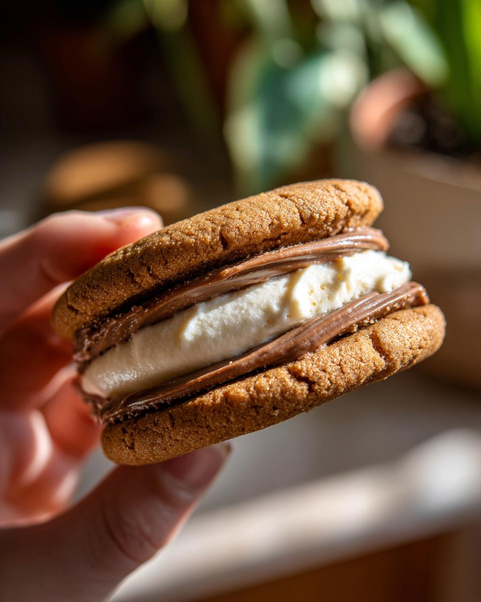 Close-up of a Baileys Irish Cream Sandwich Cookie held in a hand, showing the filling.