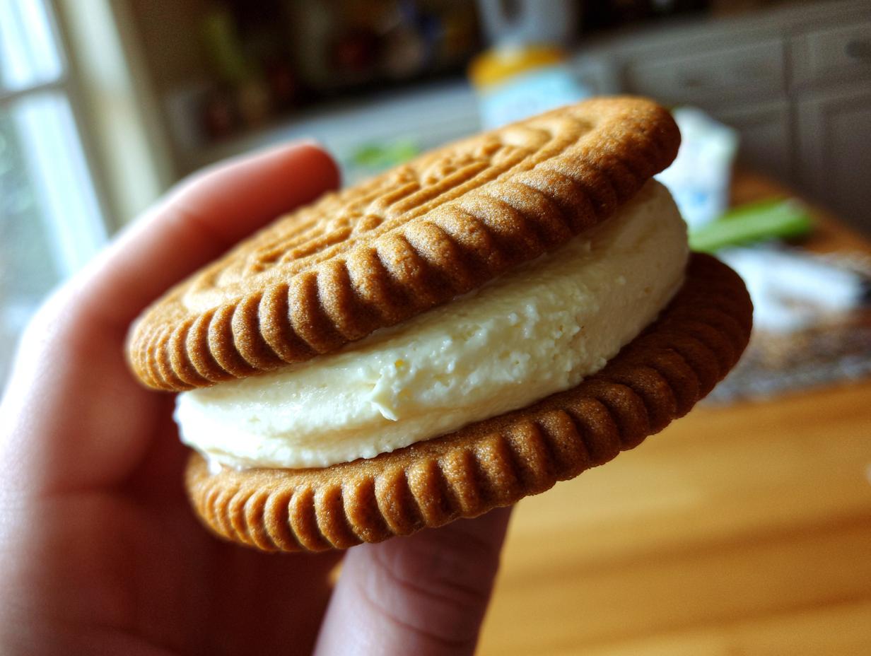 Close-up of a Baileys Irish Cream Sandwich Cookie held in hand, showing the creamy filling.