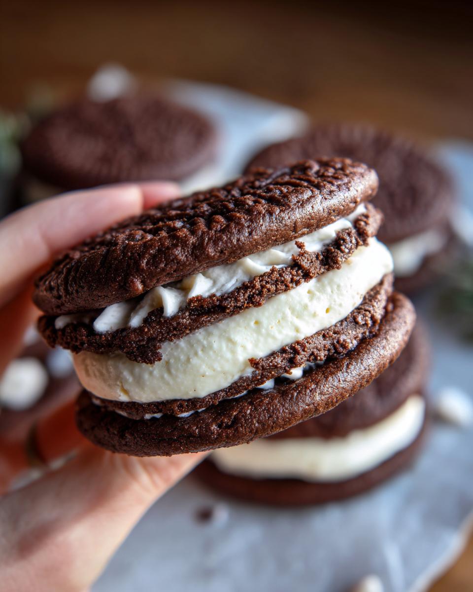Close-up of a Baileys Irish Cream Sandwich Cookie held in a hand, showing the creamy filling.