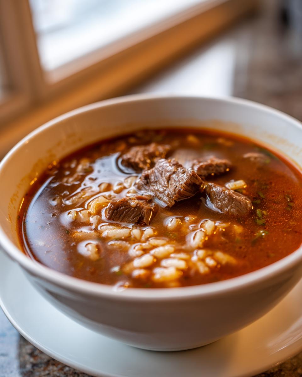 Close-up of a bowl of Beef Barley Guinness Soup with tender beef and barley.