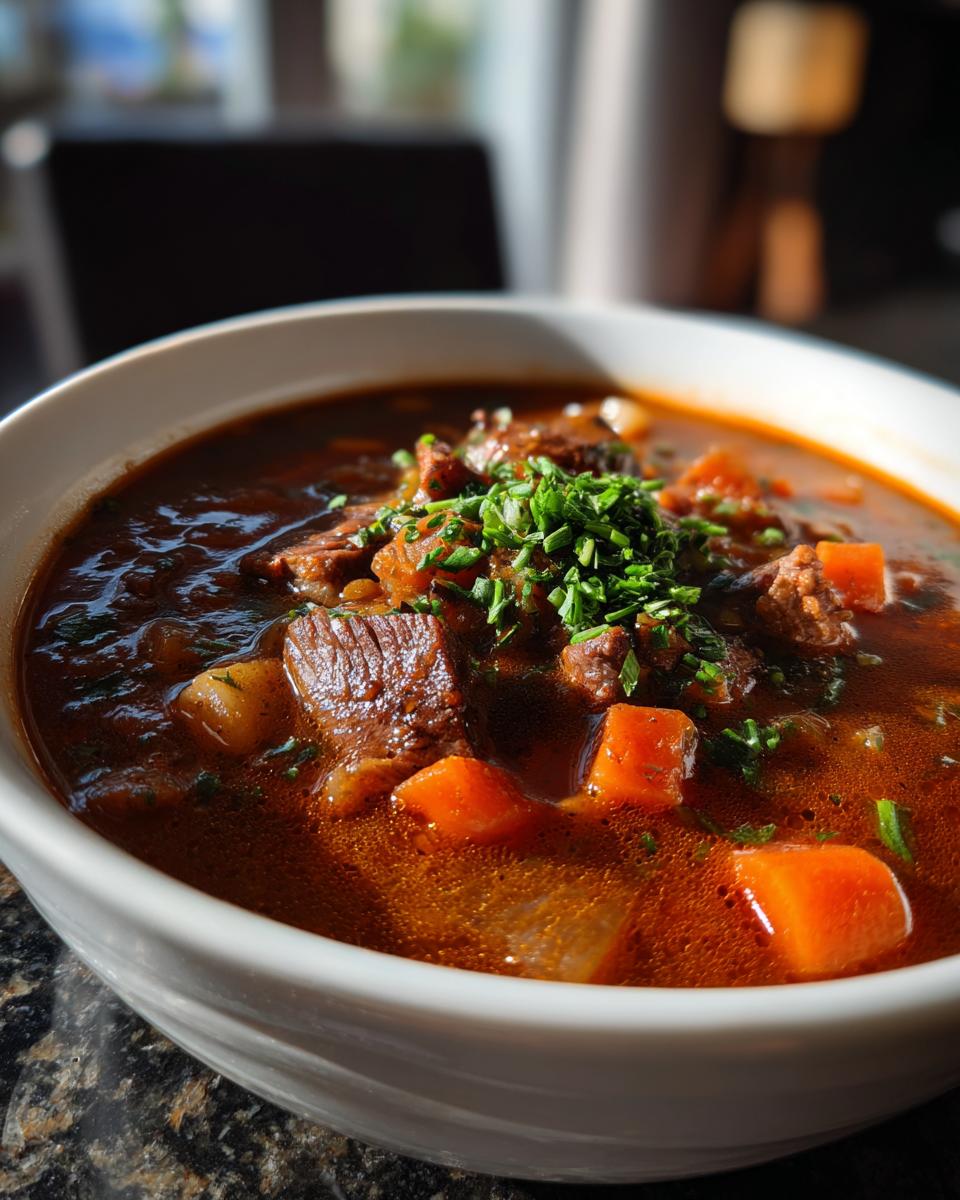 Close-up of a bowl of Beef Barley Guinness Soup, showing beef chunks, carrots, and herbs.