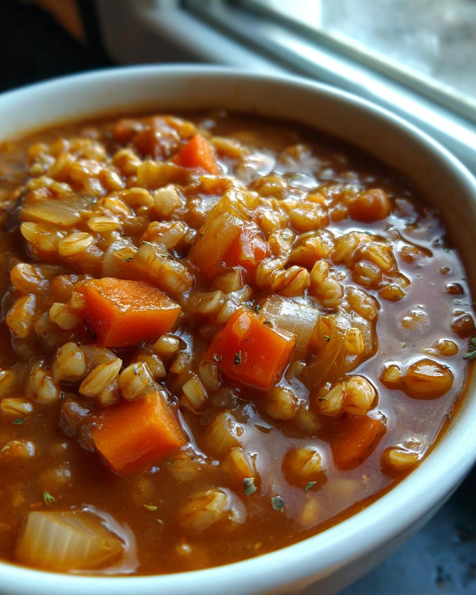 Close-up of a bowl of Beef Barley Guinness Soup with carrots, barley, and onions.