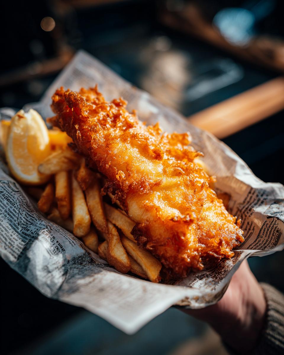 Close-up of golden Beer-Battered Fish and Chips served with lemon wedge, wrapped in paper.