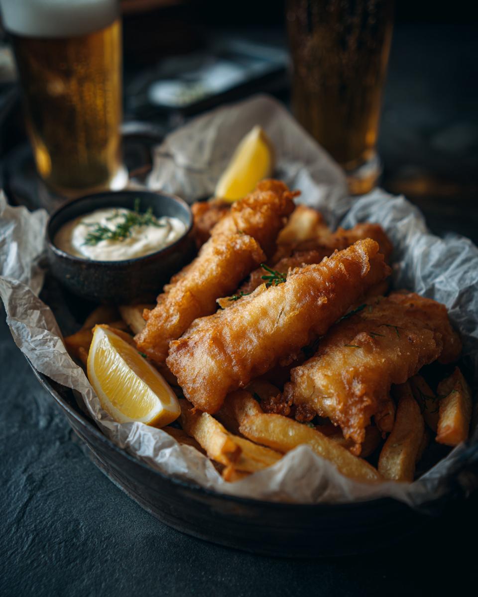 Close-up of crispy Beer-Battered Fish and Chips served with tartar sauce, lemon, and beer.