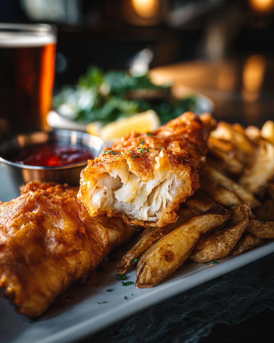 Close-up of crispy Beer-Battered Fish and Chips with fries, ketchup, and a pint of beer.