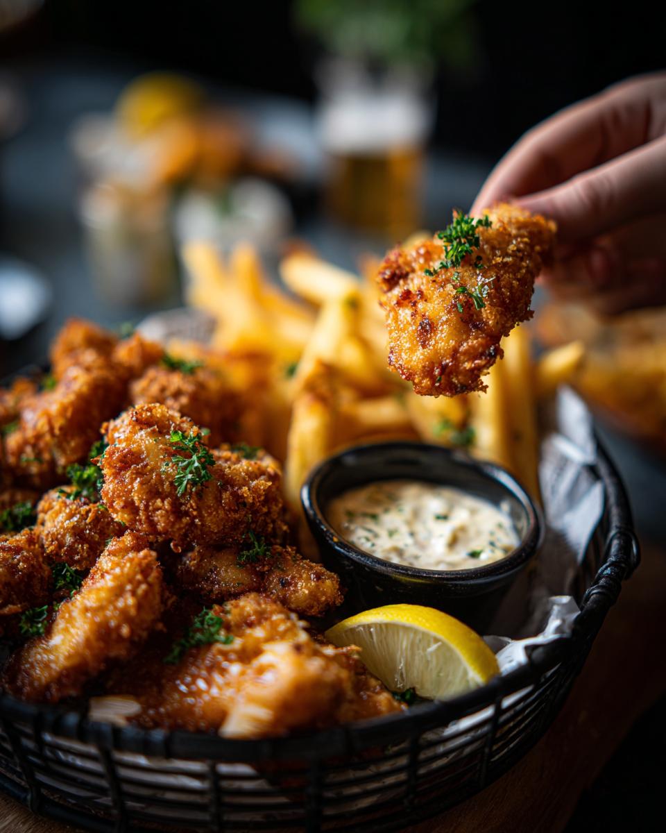 Close-up of a basket of beer-battered fish and chips with tartar sauce and lemon, the perfect Beer-Battered Fish and Chips.
