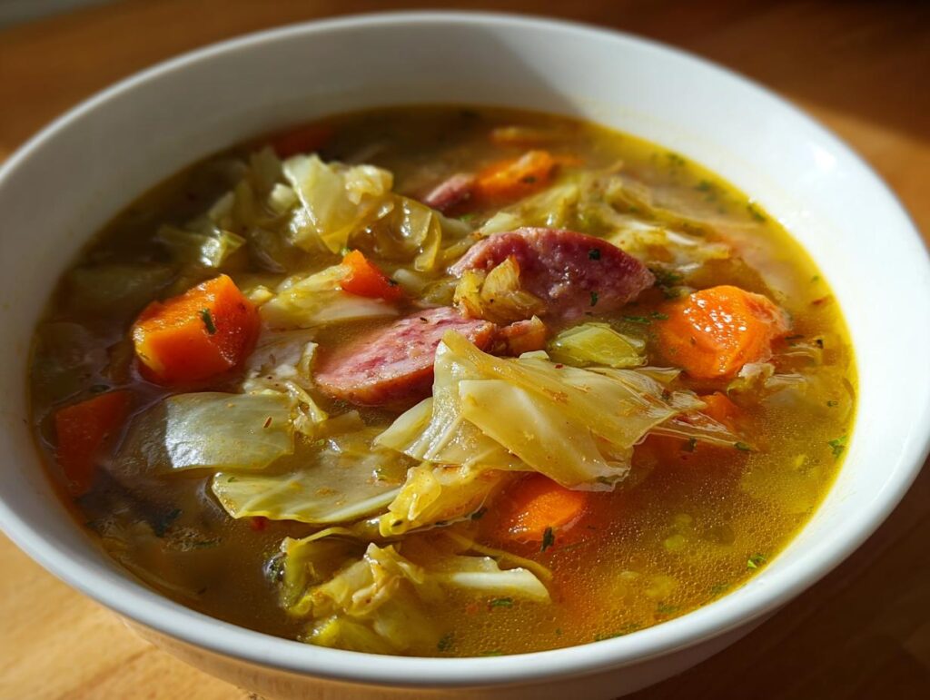 A bowl of delicious Cabbage and Kielbasa Soup with carrots, cabbage, and kielbasa.
