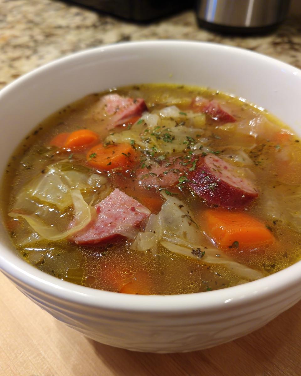 Close-up of a bowl of Cabbage and Kielbasa Soup with carrots, kielbasa, and cabbage.