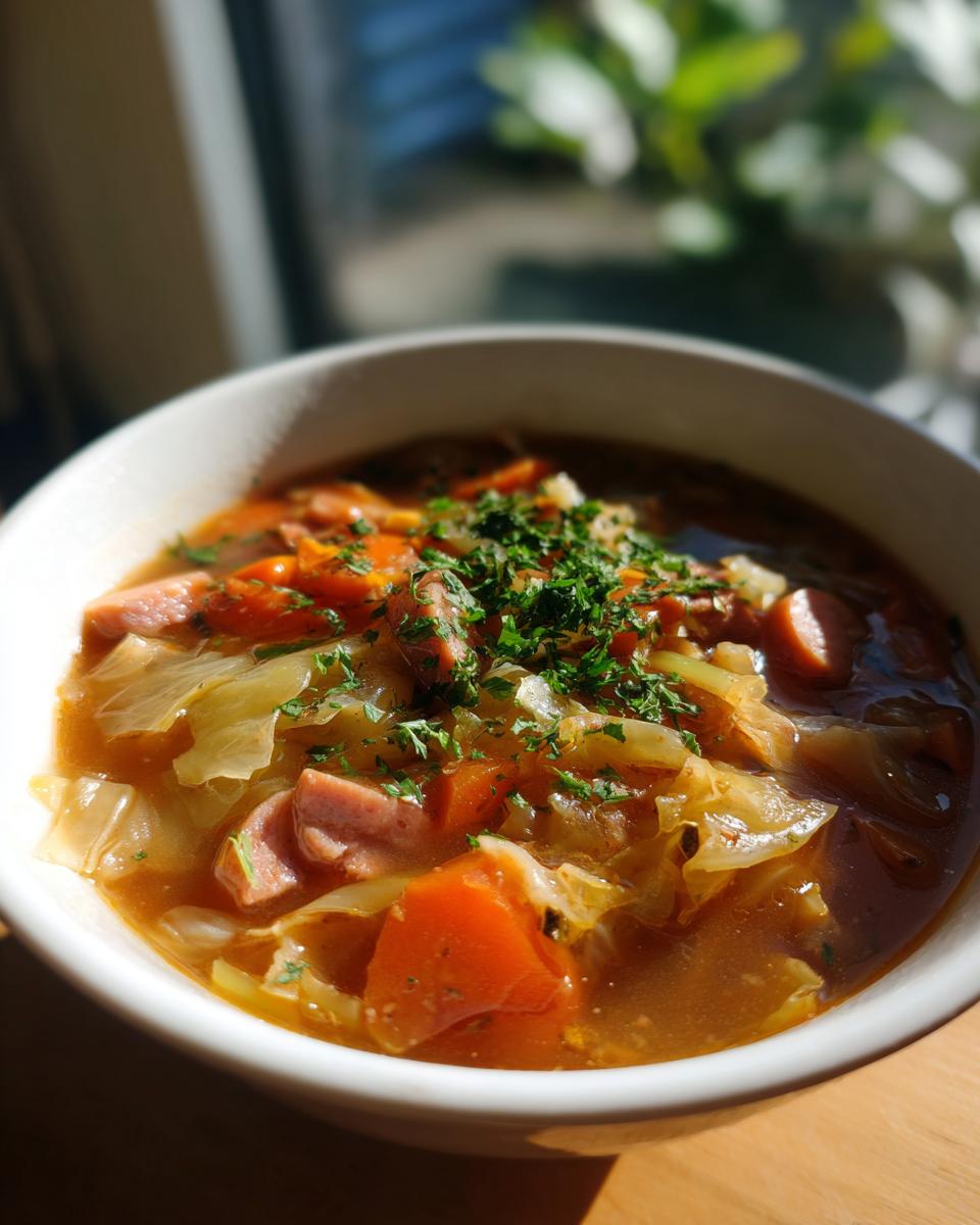 Close-up of a bowl of Cabbage and Kielbasa Soup, with kielbasa, cabbage, and carrots.