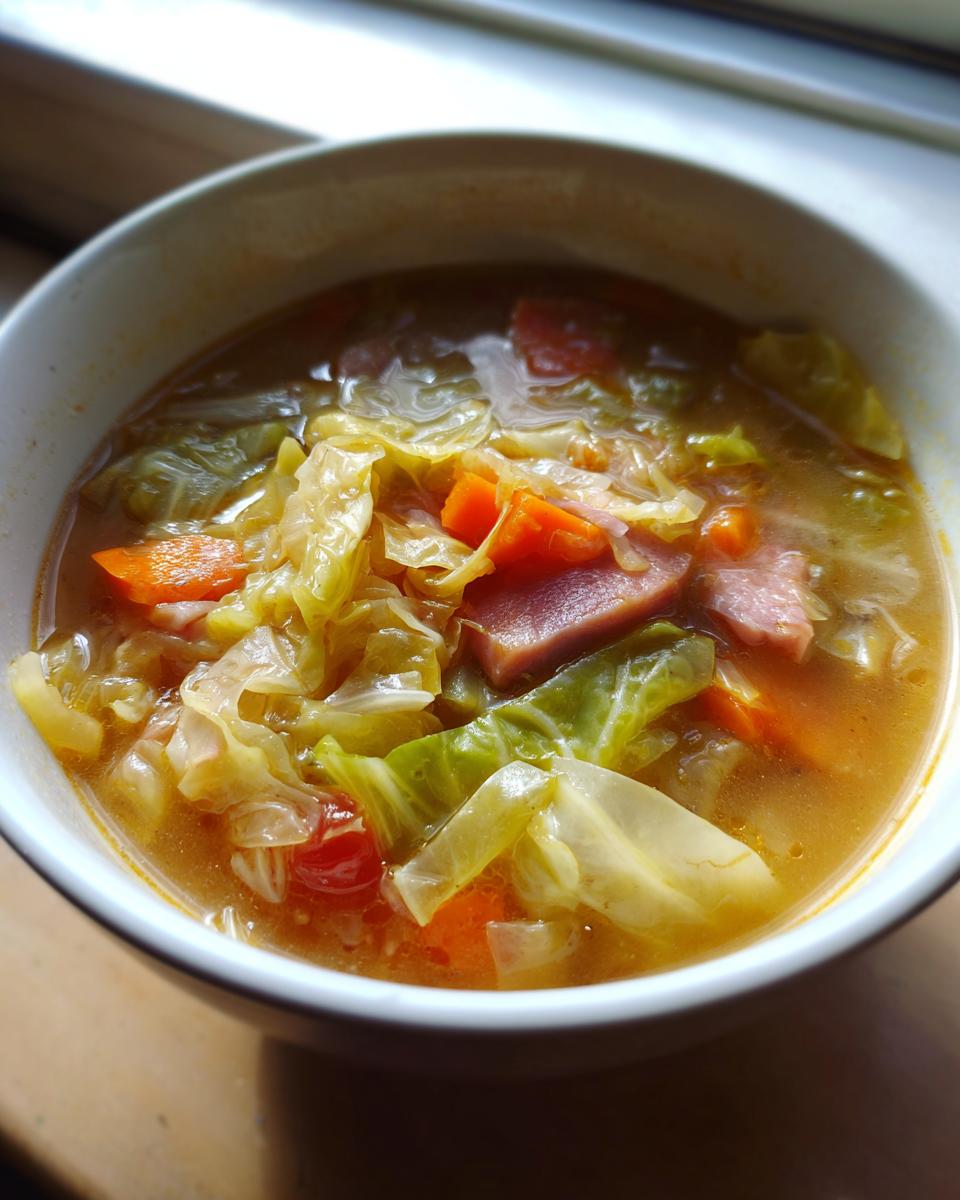 A close-up view of a bowl of delicious Cabbage and Kielbasa Soup, with cabbage, carrots, and kielbasa.
