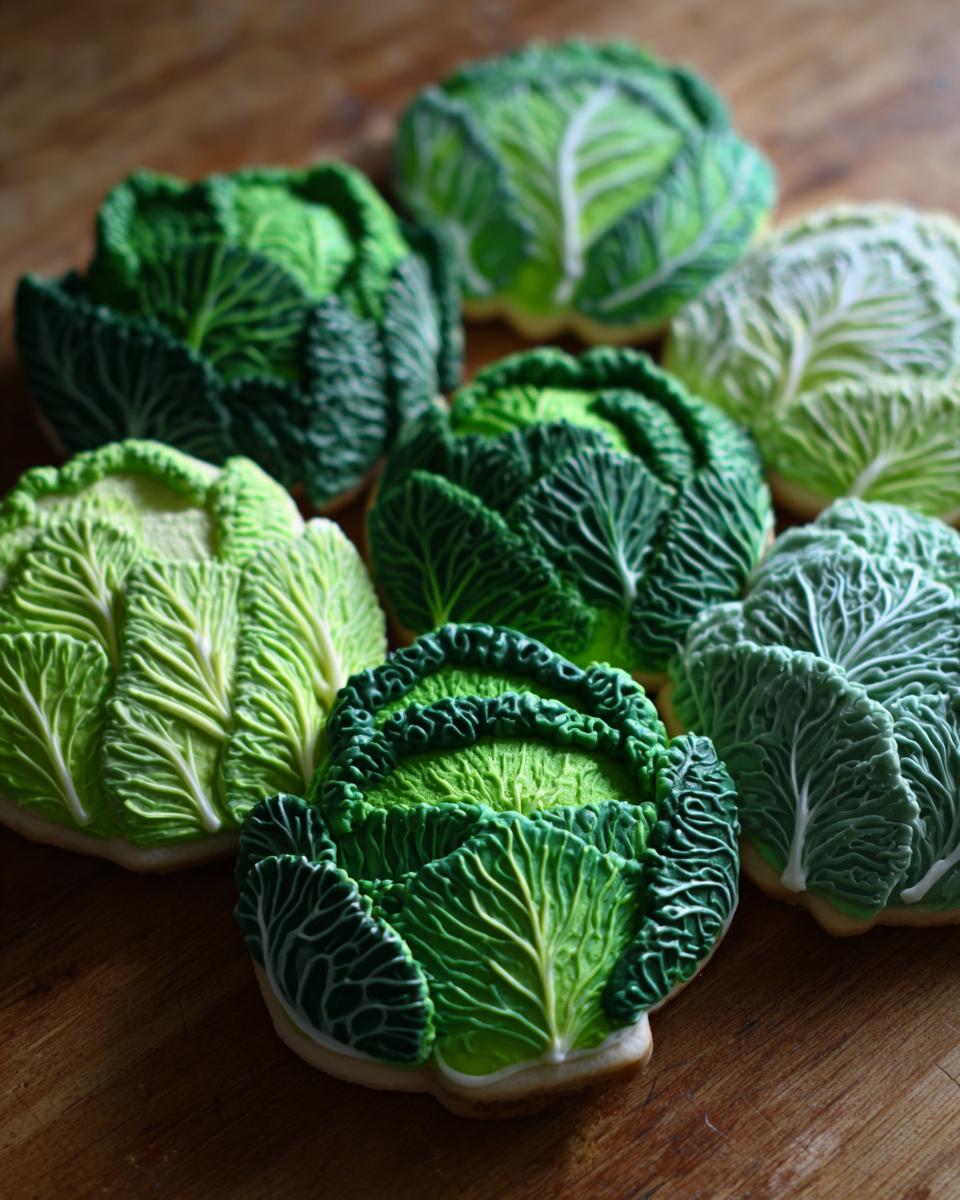 Overhead shot of several detailed Cabbage-Shaped Sugar Cut-Outs, green and white.