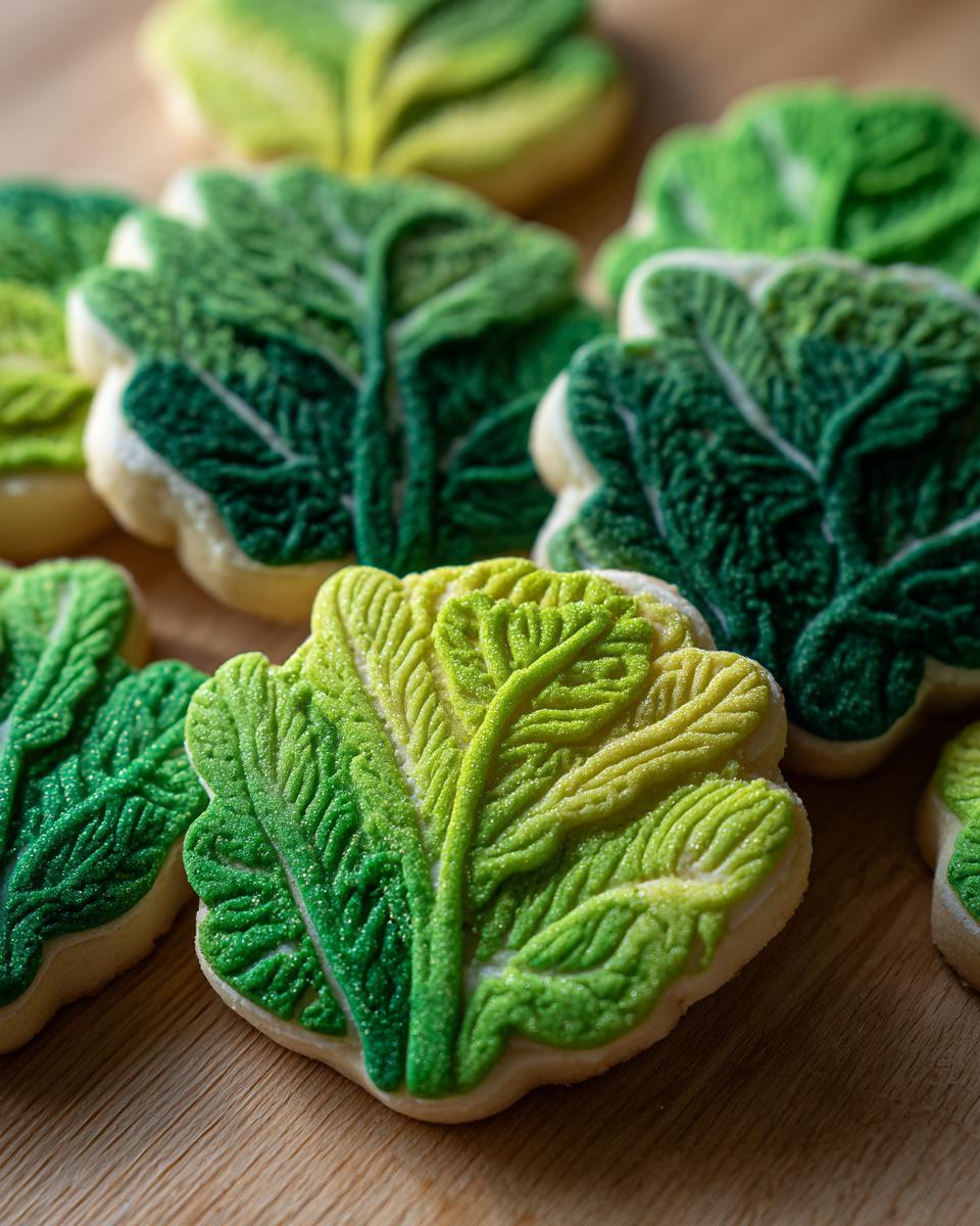 Close-up of several Cabbage-Shaped Sugar Cut-Outs, decorated with green frosting and sugar sprinkles.