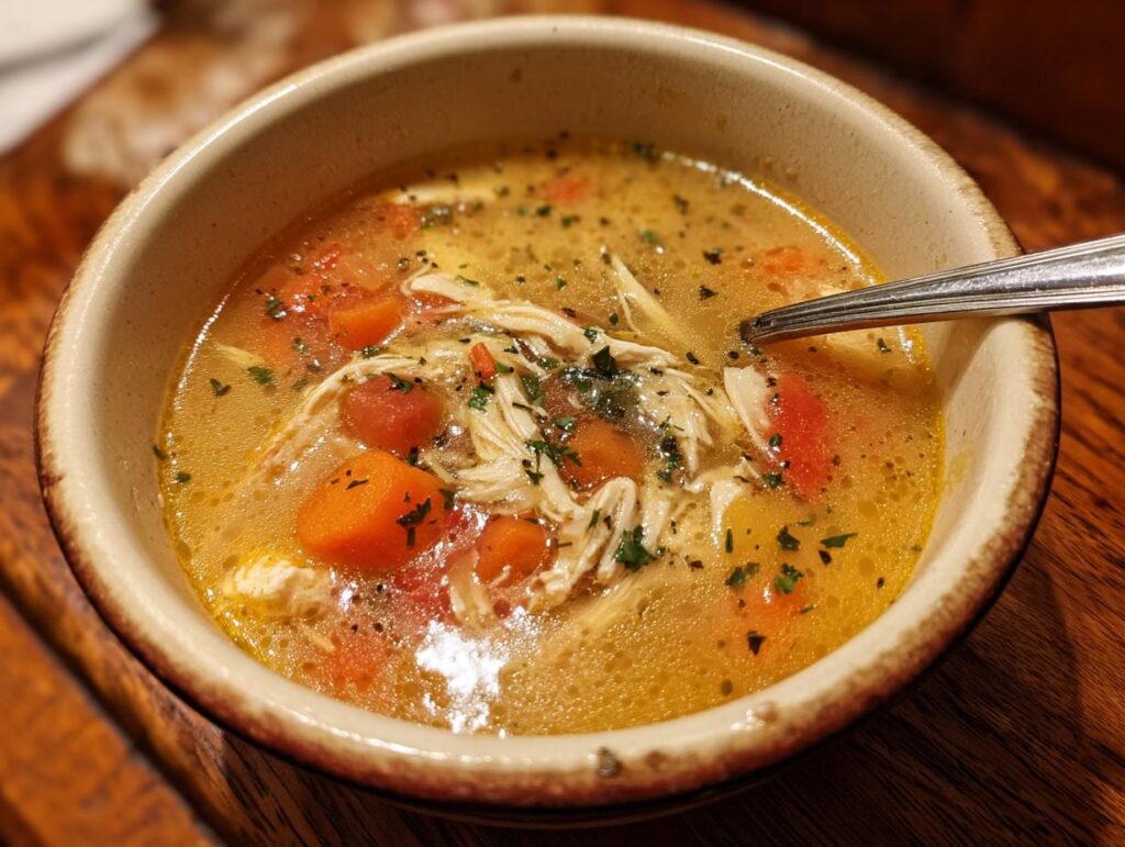 Close-up of a bowl of Carrabba’s Copycat Chicken Soup with carrots, chicken, and herbs.