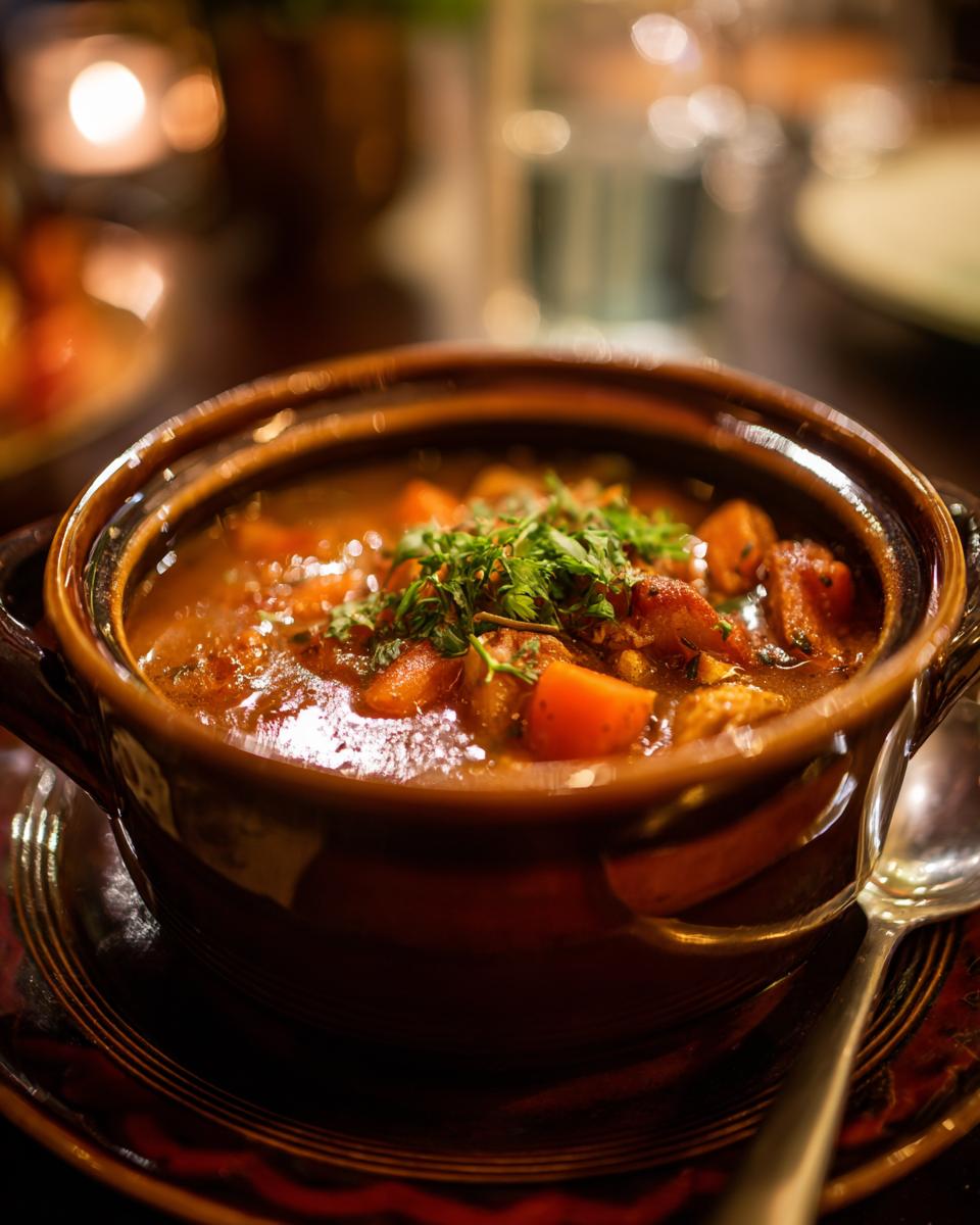 Close-up of a bowl of Carrabba’s Copycat Chicken Soup, garnished with fresh herbs.