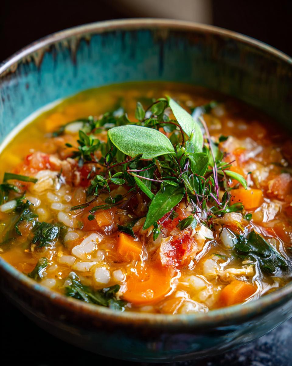 Close-up of a bowl of Carrabba's Copycat Chicken Soup with vegetables and herbs.