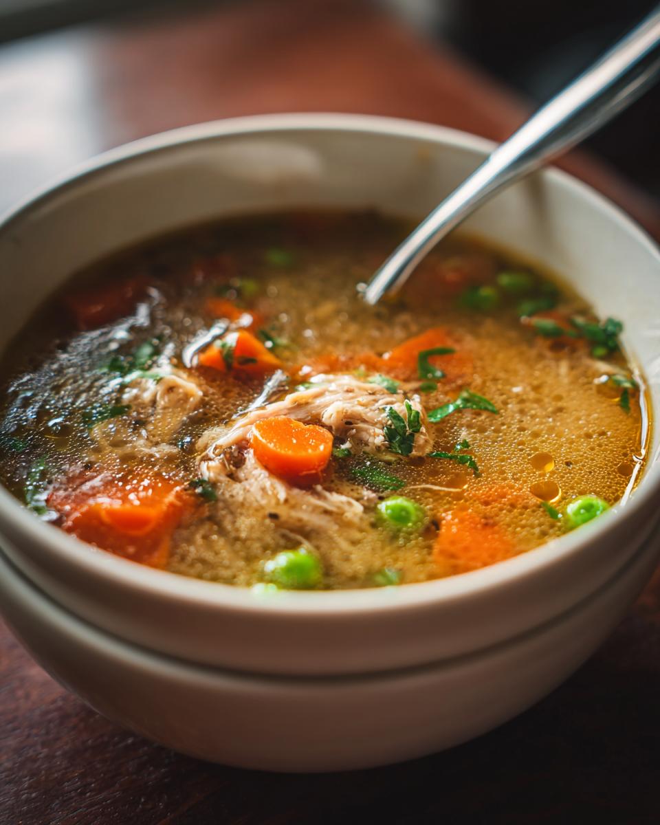 Close-up of a bowl of Carrabba's Copycat Chicken Soup with carrots, peas, and chicken.