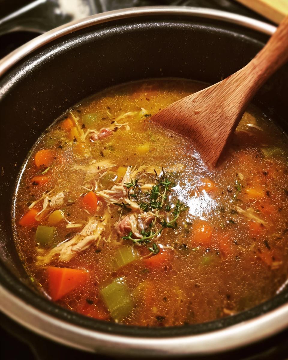 Close-up of Carrabba's Copycat Chicken Soup in a pot with carrots, celery, chicken, and herbs.